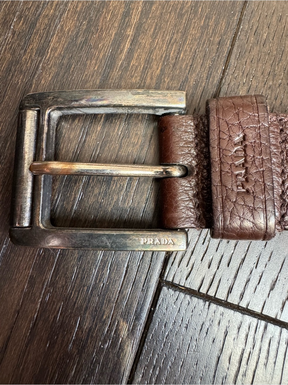 Prada Brown Textured Leather Men's Belt with Brushed Metal Buckle